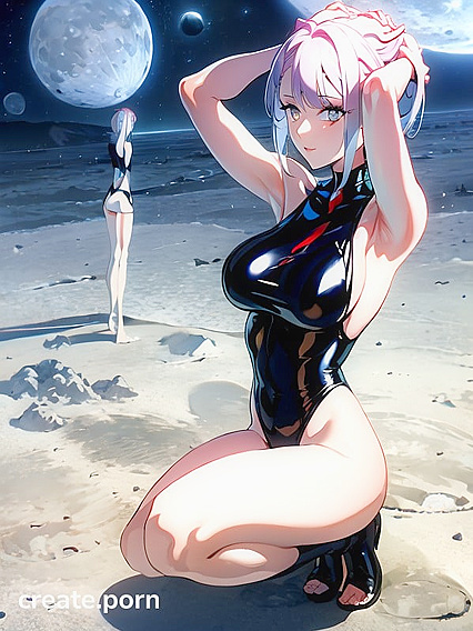 Earth’s Beautiful View Behind Her As She Spreads Her Legs on Moon Sand