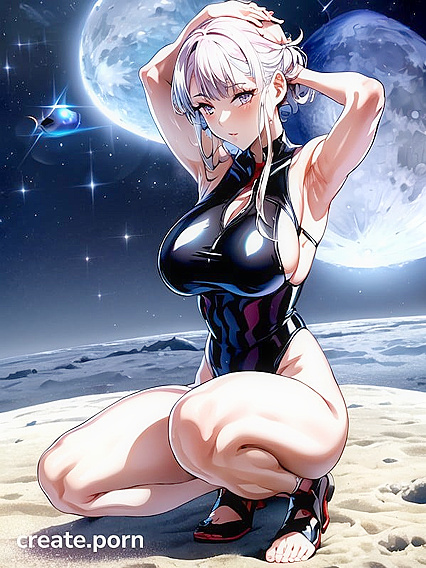 Kneeling in Moonlit Sand: Full-Body Ecstasy with One Hand on Her Head