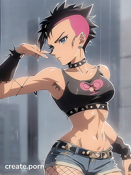 Spiky-Haired Babe in Fingerless Gloves and Black Outfit Seduces in Hentai'action