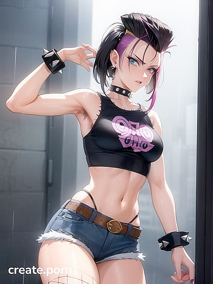 Spiky-Haired Babe in Fingerless Gloves Teases with Pubic Hairs in hentai Action
