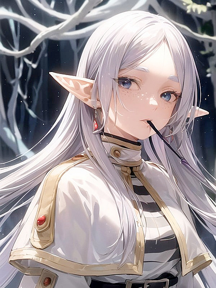 Elven Beauty with Flowing Silver Hair and Blue Hints Enjoying Seductive Hentai Pleasures