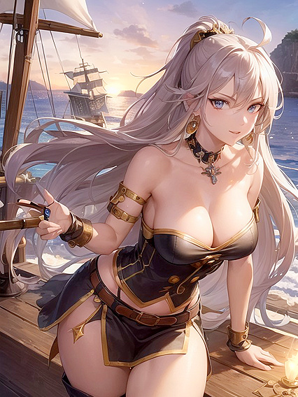 Sunset Sail: Pirate with Jeweled Cutlass Unfurls Pleasure on Tropical Seas