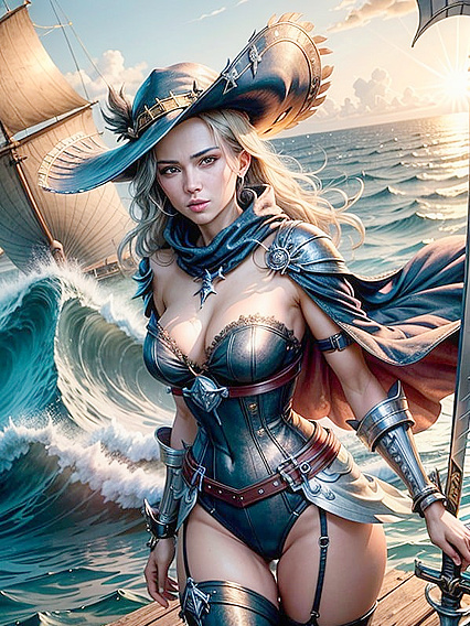 Pirate Captain Commands Her Ship While Eyeing Distant Enemy Vessel in Sultry Hentai Scene