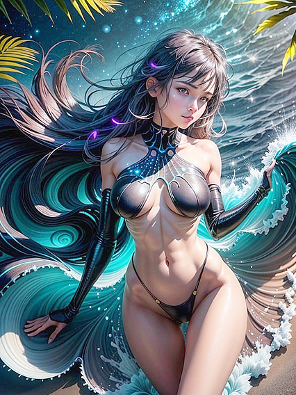 Glowing Tide and Gentle Waves with Bioluminescent Plankton in Distant Cliff Shadows Hentai