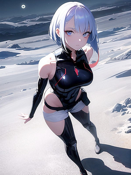 Lucy in Futuristic Spacesuit Stands on Moon’s Surface Amidst Floating Lunar Dust
