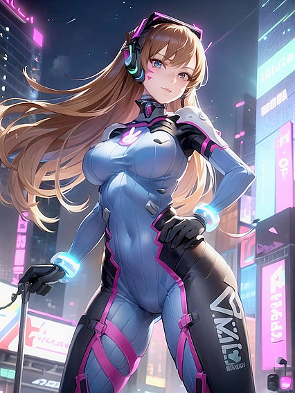 D'va Poses Seductively With Her Mech Amidst Neon-lit Cyberpunk Cityscape Hentai