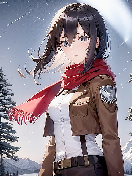 Mikasa Stands on a Snowy Cliff Amidst Glittering Snowflakes and Majestic Mountains in hentaiErotica
