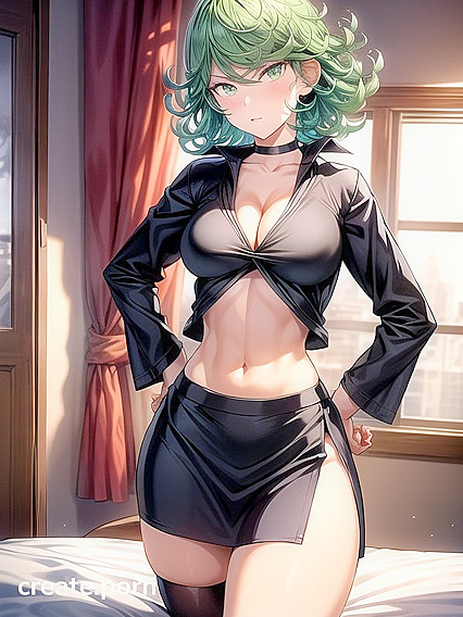 Curvy Green-Haired Beauty Shows Off Her Midriff in BedroomCrop Top and Stockings Hentai Action