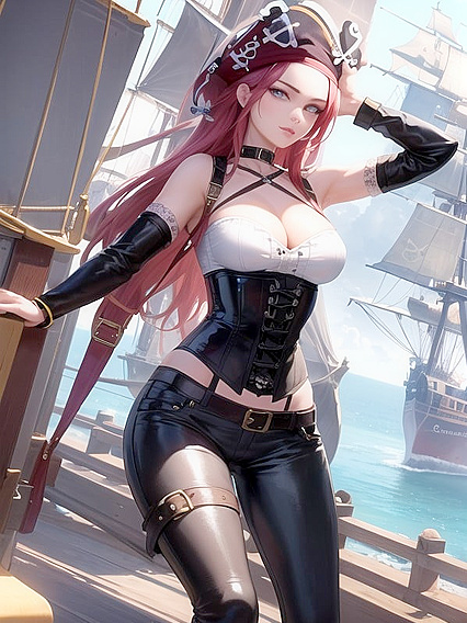 Pirate Girl 18+ Poses on Ship with Glowing Soft Makeup and Shimmering Seduction