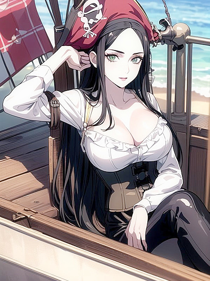 Pirate-Hat Wearer With Soft Smile and Bubblegum Pink Lips Tempts You in This hentai AI Porn Scene