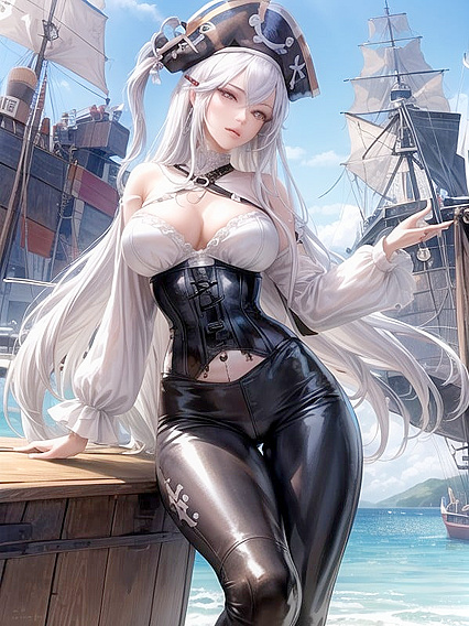 Sultry Purple-Eyed Beauty with Long White Hair on a Steamy Pirate Ship Hentai Adventure