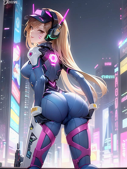 D'Va Strikes a Playful Pose by Her Mech Amidst Neon Vibes in Cyberpunk City hentai