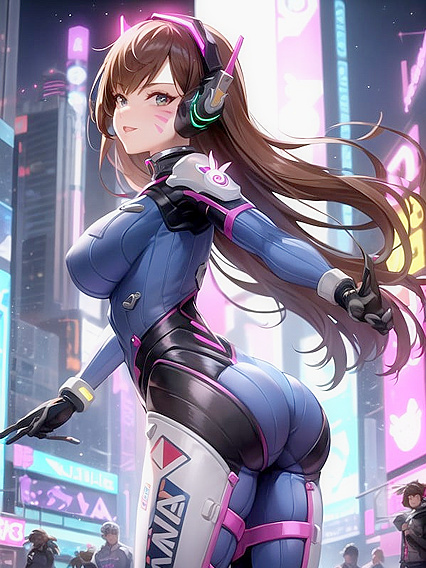 D'va Winks Playfully in a Glowing Cyberpunk City With Her Mech Behind Her