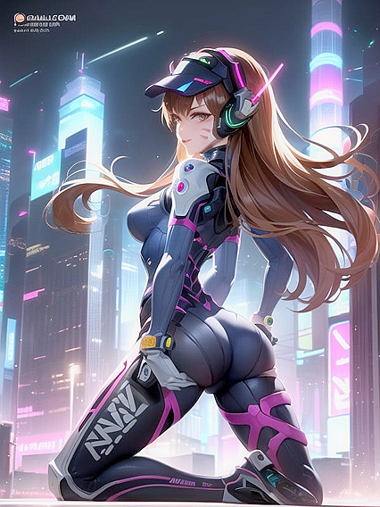 D'va Winks Seductively Amidst Vibrant Neo-Cyberpunk Nightlife in Busty hentai Scene