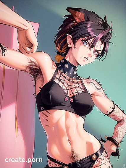 Realistic Woman with Bush Wearing Black Outfit in Horny hentai Action