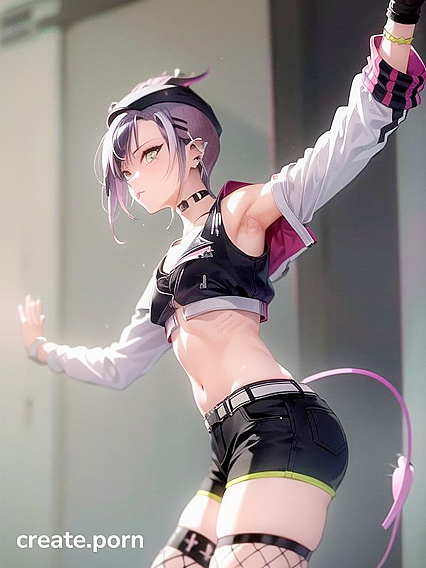 Multicolored Hair Beauty in Fishnets and Seductive Makeup for Hot Hentai Action