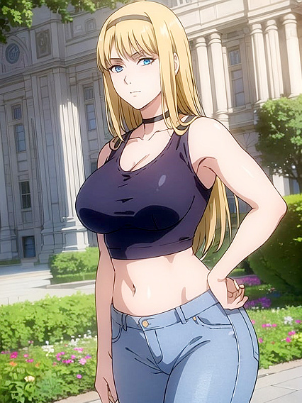 Blonde in Blue Jeans and Gold Crop Top Teased by Black Choker in Seductive Hentai Scene
