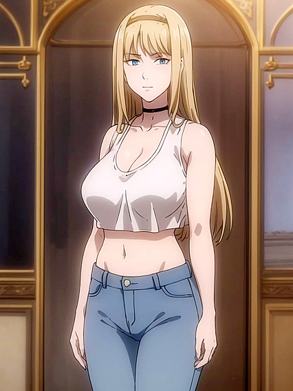 Seductive Teen 18+ in Blue Jeans, Black Choker, and Gold Sequin Crop Top Hentai Action