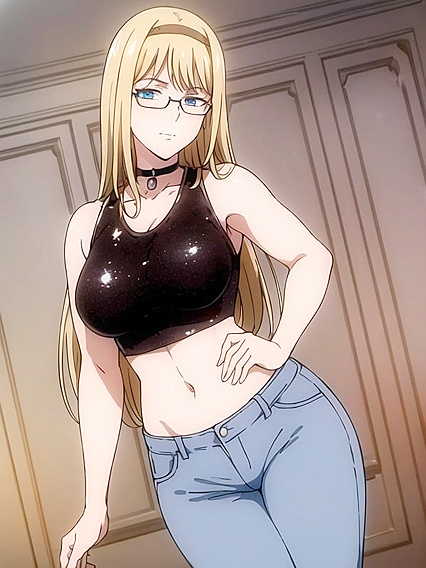 Wearing a Gold Sequin Crop Top and Blue Jeans with Black Glasses in steamy Hentai Action