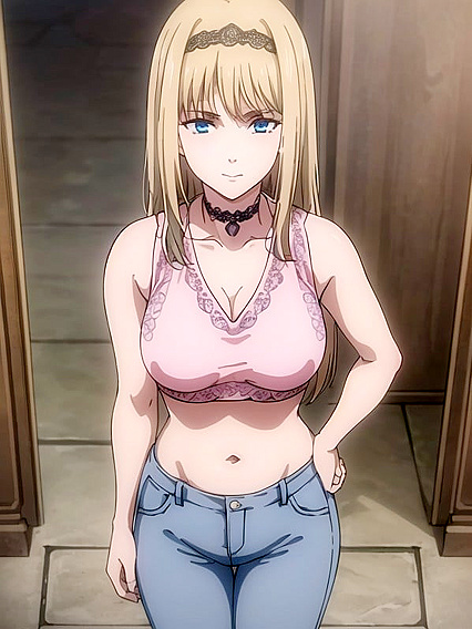 Seductive Teen 18+ in Black Choker, Pink Crop Top, and Blue Jeans Hentai Action