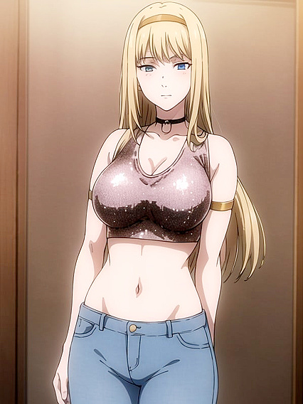 Sexy Blue Jeans, Black Choker, and Gold Sequin Crop Top Hentai Action