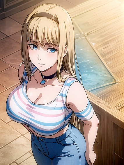 Sexy Blue Jeans and Black Choker with Rainbow Crop Top in Hentai Action