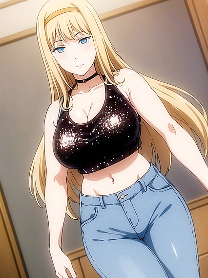 Seductive Black Choker and Blue Jeans with Shiny Gold Sequin Crop Top Hentai Fantasy