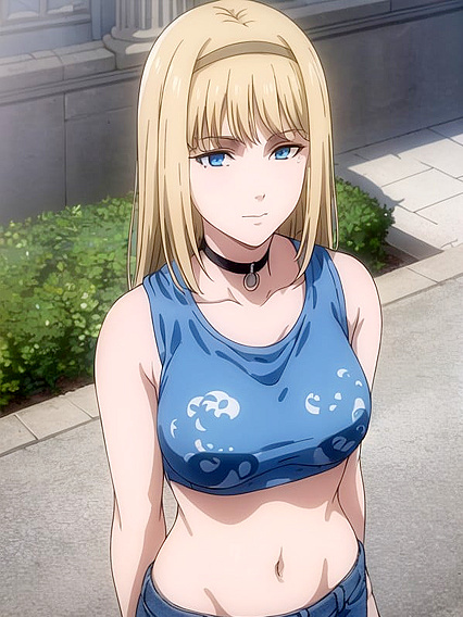 Sensual Girl 18+ in Black Choker, Blue Jeans, and CroppedGraphic Tee Hentai Pleasure