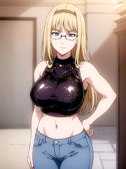 Wearing a Black Choker and Glasses with a Shiny Gold Sequin Crop Top in Hentai Action