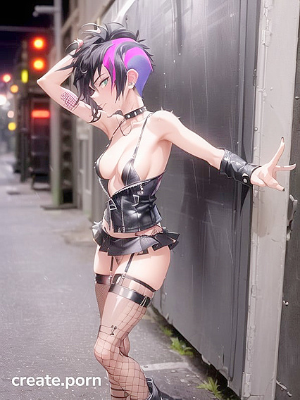 Spiky-Haired Biker Chick in Leather Jacket Rides Wild Hentai Pleasure Waves