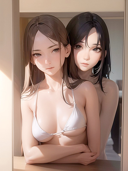 Bedroom hentai featuring bikini-clad beauty with bare shoulders