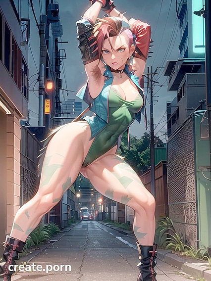 Spiky-Haired Babe in Leather Jacket Enjoys Intense Full-Body Hentai Pleasure
