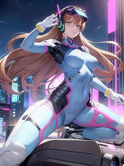 Neon-City Seductress Poses Amidst Futuristic Skyscrapers and Gleaming Holograms