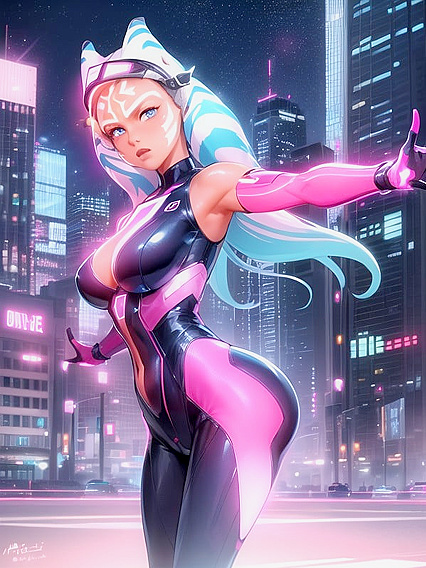 Glowing City Vibes: Neon Lights and Futuristic Skyscrapers Enhance Her Sensual Pose with Mech