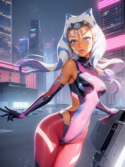 Neon-Lit Cityscape Where She Poses Dynamically Among Futuristic Skyscrapers and Mechs