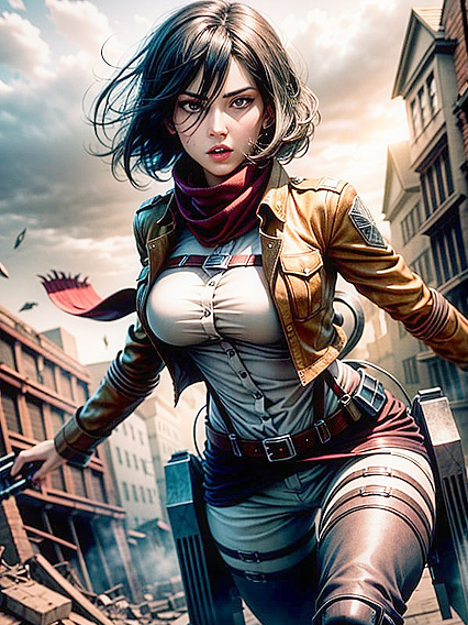 Mikasa Ackerman Soars Through Ruined Cityscapes Amidst Titans in Erotic Anime hentai Action
