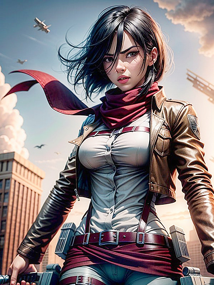 Mikasa Ackerman Soars Through Ruins With D-Maneuver Gear Amidst Titans in HentaiErotica