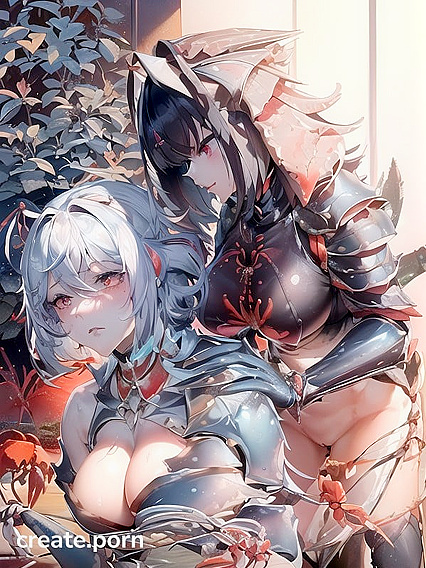 Detailed Beautiful Face, Armored Creature with Red and Blue Patterns in Hentai Action