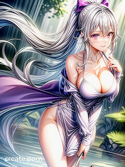 Cleavage Heaven: Thighs and Chest Revealed in White and Purple Dress Hentai