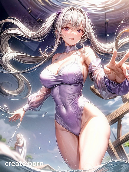 Wavy White and Purple Dress Drenched in Sprayed Water for Steamy Hentai Scenes