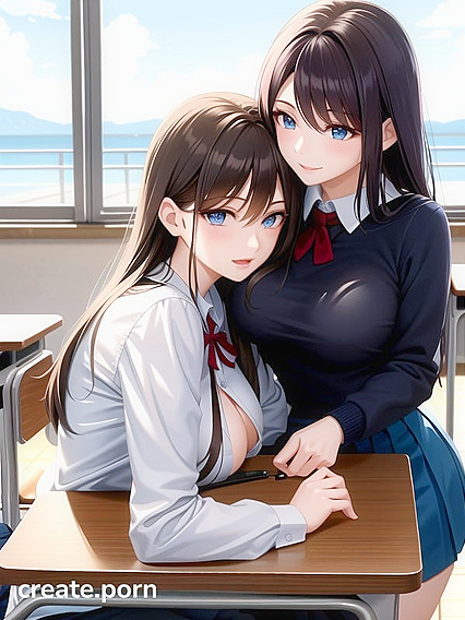 Lesbian SchoolGirl 18+s Hug Passionately in Public School Hentai AI Image