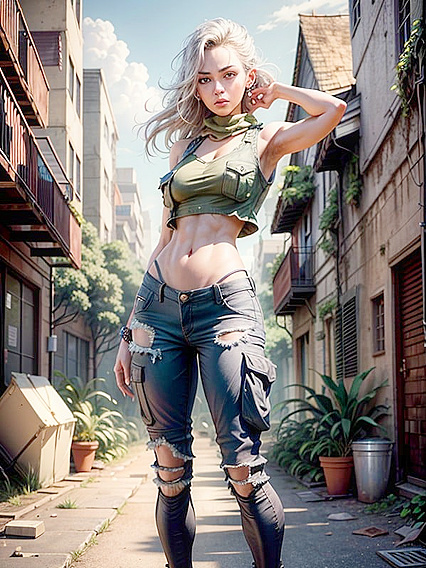 Awe-Inspiring Arrival: Her Ripped Cargo Pants and Sleeveless Top in Ancient Plaza Hentai Pleasure