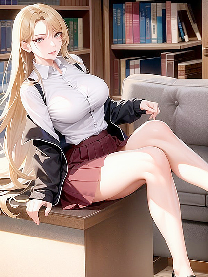 Sexy Scholar's Blouse Strains Against Her Excitement Amidst Towering Bookshelves Hentai