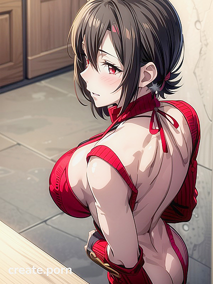 Mischievous Smile and Blush in a Sexy Red Backless Sweater Hentai Scene