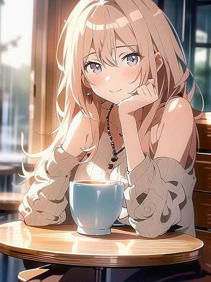 Sipping Hot Coffee While Gazing Dreamily, Long Pastel Hair Flowing in Erotic Hentai Scenes