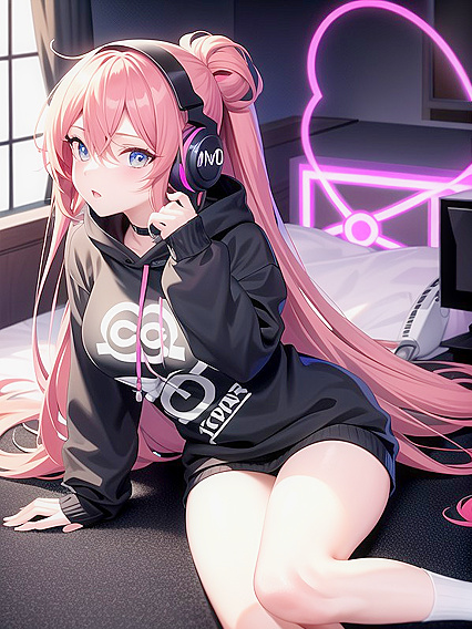 Anime Chick in Black Thigh-High Socks Rocks Vibrant Led Backdrop in Horny Hentai Action