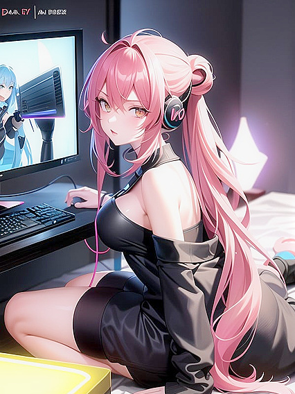 Anime Style Girl 18+ with Casual Messy Bun and Skeet Logo Sweatshirt in Hentai Action