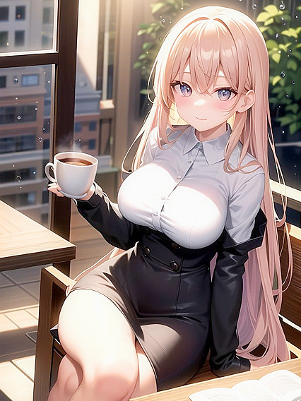 Anime Girl 18+ Sips Hot Coffee While Reading Book on Table in Erotic Hentai Scene