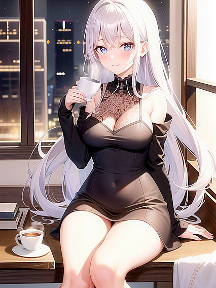 Blushing Beauty Sips Coffee While Gazing Dreamily in Erotic Hentai Scenes