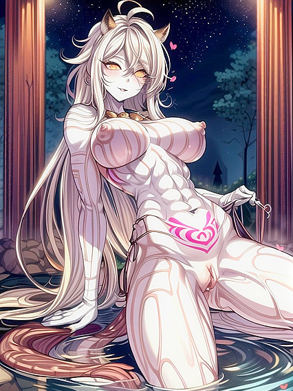 Blushingly Smirking White-Haired Beauty Shows Off Her Detailed Pussy in Hentai AI Image